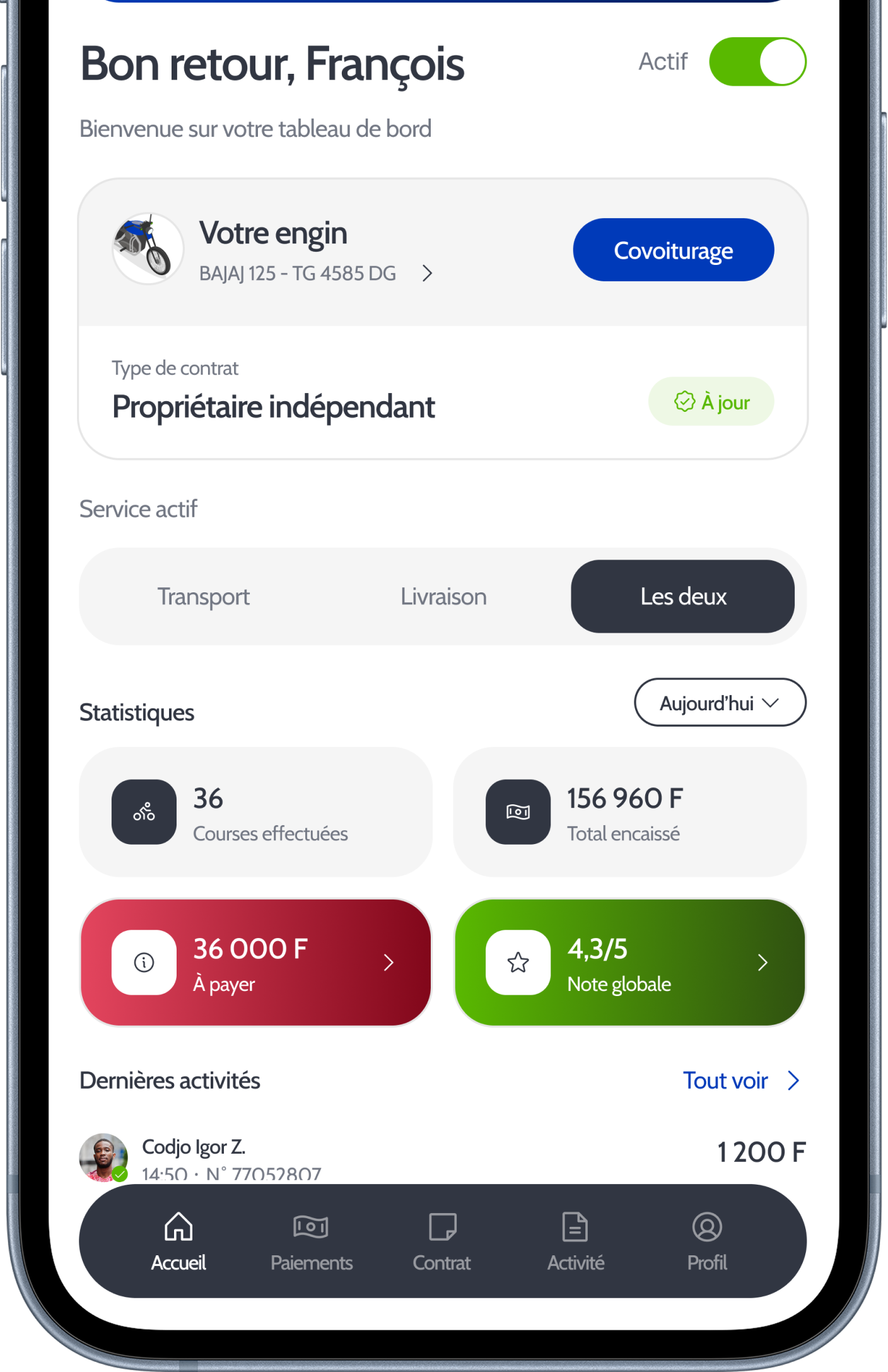 Aperçu de l'application côté conducteur